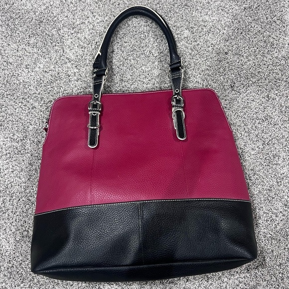 Wilsons Leather  Genuine Leather Red Black Silver Hardware Large Tote Zip Close - Picture 7 of 11